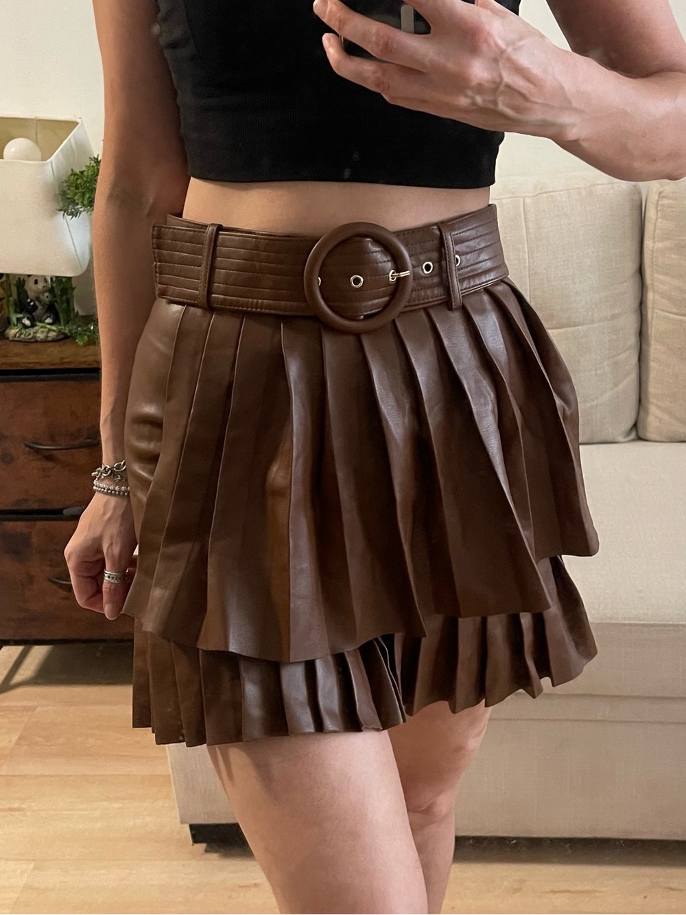 Zara Brown Faux Leather Pleated Tiered Mini Skirt with Belt Size XS